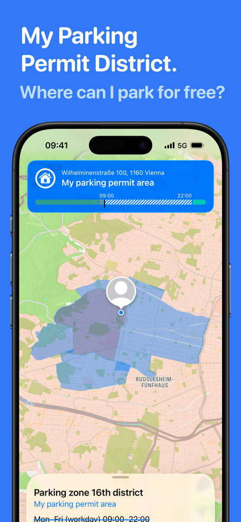 Vienna parking app screen showing free parking permit area on a map