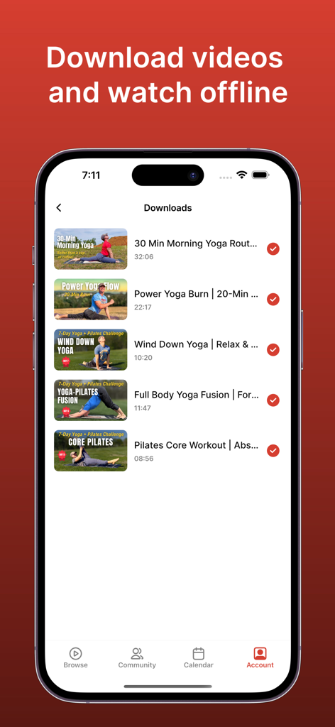The Downloads screen of the Sean Vigue Fitness app showing a list of saved yoga and pilates workout videos available for offline viewing.