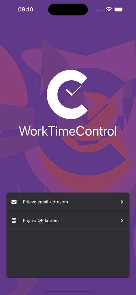 WorkTimeControl - WorkTimeControl mobile app login interface showing options for email and QR code sign in