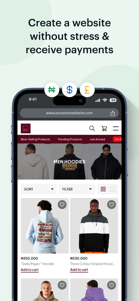 Bumpa - Manage Orders Easily - Ein Smartphone, das eine mobil optimierte Bekleidungsgeschäft-Website zeigt, die mit der Bumpa-App erstellt wurde