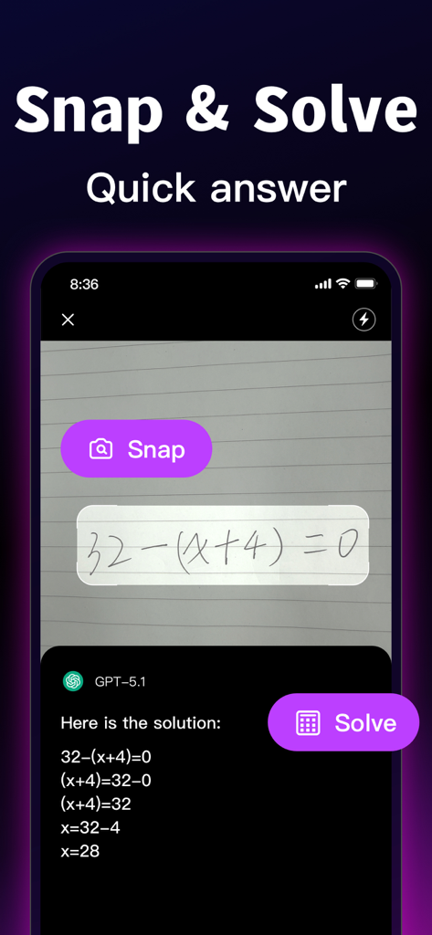 Chatbot AI Assistant - Modlib - AI assistant solving a handwritten math equation using the Snap and Solve feature.