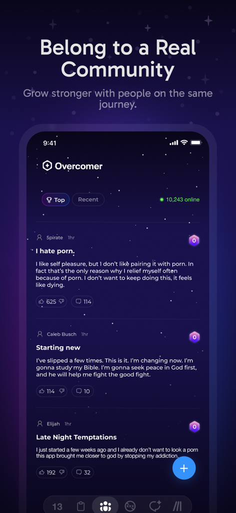 A mobile interface of the Overcomer app showing a community feed where users share their personal journeys and support each other in quitting porn.