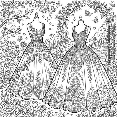 Dive into the beauty of spring with this stunning coloring page featuring two exquisite prom dresses. Each gown is adorned with intricate details, set against a backdrop of blooming flowers and whimsical garden elements.