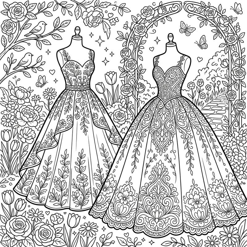 Dive into the beauty of spring with this stunning coloring page featuring two exquisite prom dresses. Each gown is adorned with intricate details, set against a backdrop of blooming flowers and whimsical garden elements.