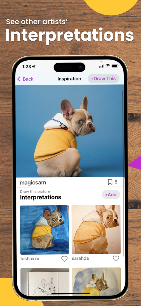 A screen from the Da Vinci Eye app displaying a photo of a dog and various user-submitted drawing interpretations.