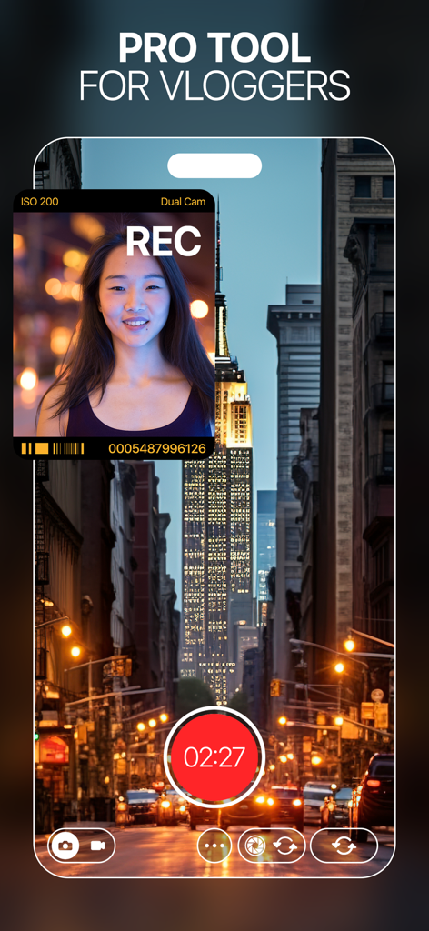 Interface of the Dual Capture app showing a simultaneous front and back camera recording of a city street and a person's reaction