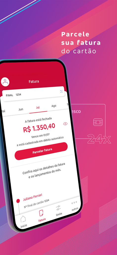 Bradesco Cartões - Interface do aplicativo Bradesco Cartões mostrando uma fatura mensal de cartão de crédito e o recurso de parcelamento.
