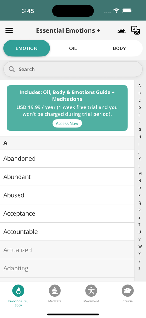 Screenshot of the Essential Emotions plus app interface showing an alphabetical list of emotions and navigation tabs for oils and body systems.