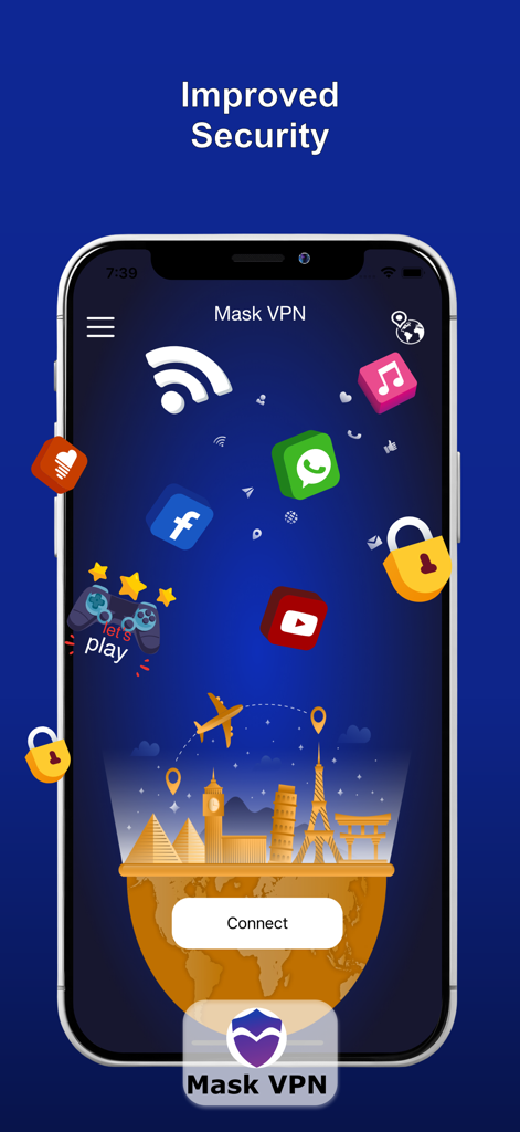 Mask VPN app interface showing improved security and global connectivity features