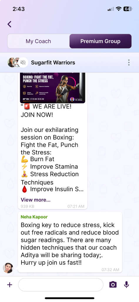 Sugar.fit app premium group chat showing a boxing session announcement for diabetes management