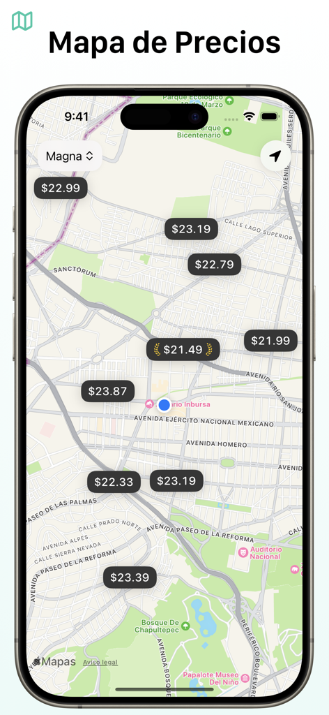 GasClub - Precios de Gasolina - GasClub app interface displaying gas prices on a city map