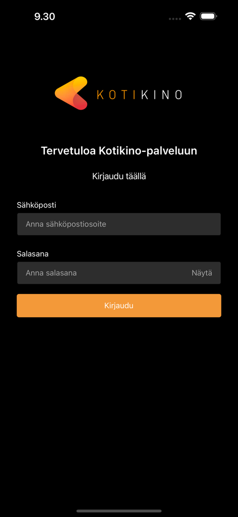 Kotikino - Kotikino app login page with email and password input fields