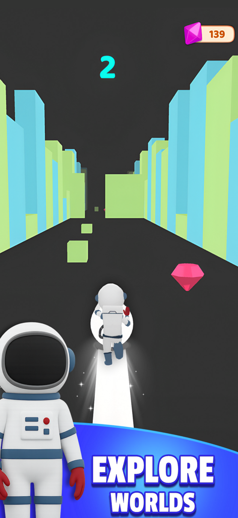 Real Catch Up 3D - Speed Ball - Personaje de astronauta corriendo por un entorno urbano estilizado en 3D en el juego móvil Real Catch Up 3D