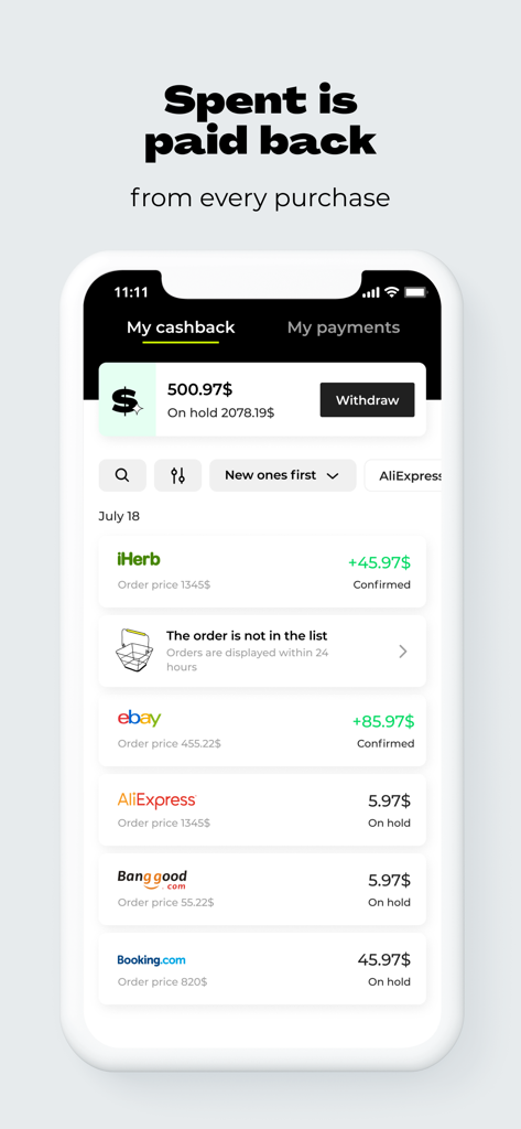 Interfaz de la aplicación móvil Backit que muestra un saldo de usuario de quinientos dólares con una lista de cashback confirmado y pendiente de eBay, AliExpress e iHerb