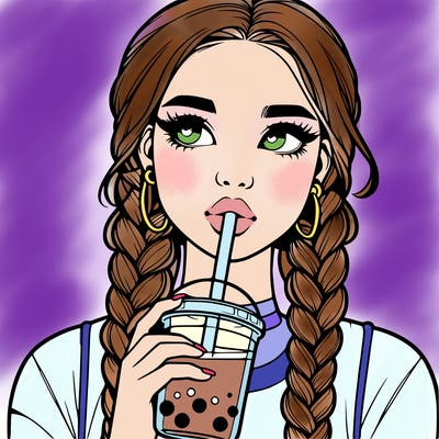 realistic girl with braided hair drinking boba