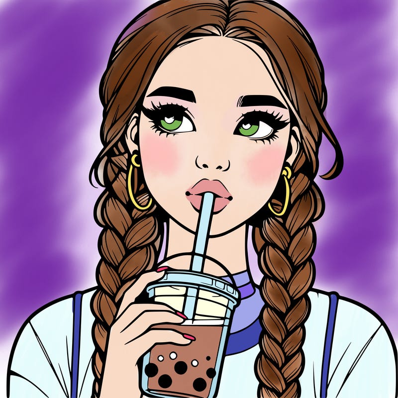 realistic girl with braided hair drinking boba