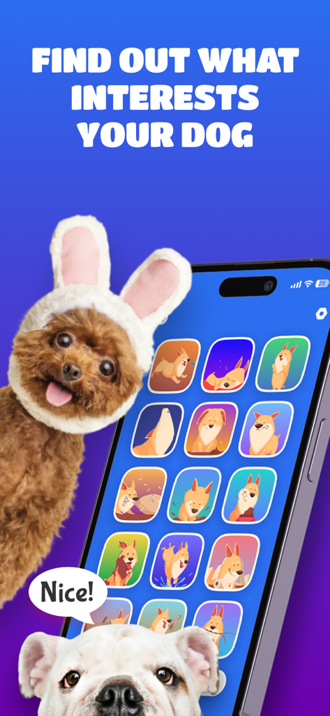 Dog Training – game for dogs - A smartphone screen showing an interactive grid of dog behavior icons and sound effects