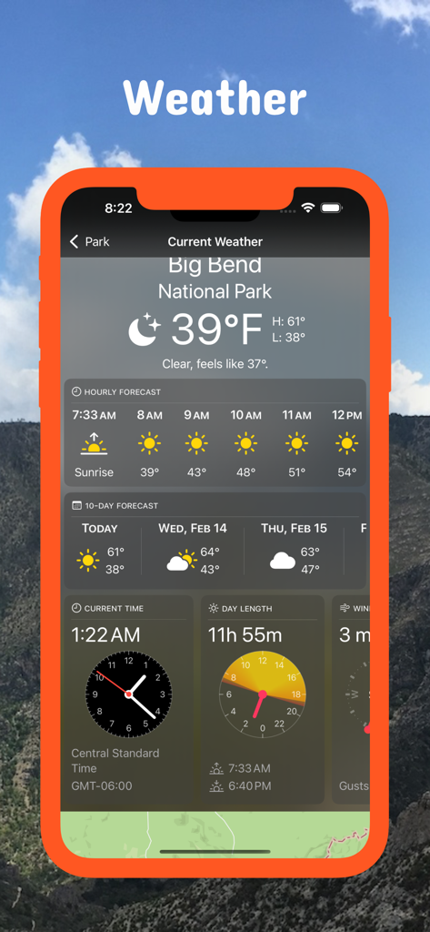 Texas Pocket Maps - Detailed weather forecast and day length for Big Bend National Park on Texas Pocket Maps app