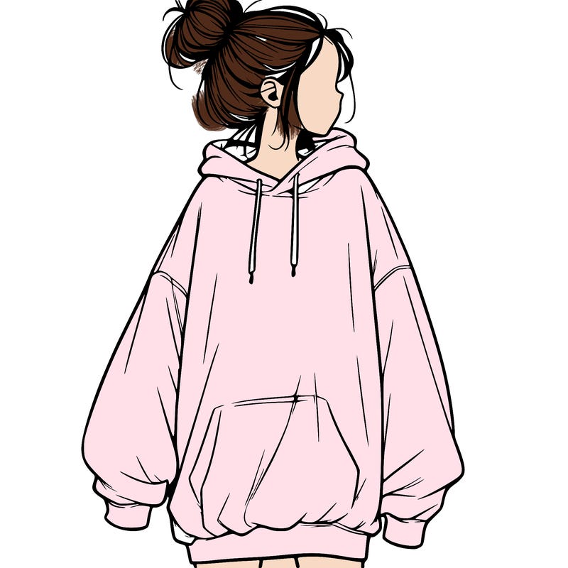 realistic girl with a oversized sweatshirt on and a bun