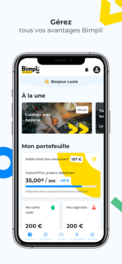 Bimpli - Bimpli app dashboard showing meal voucher balance and gift card wallet