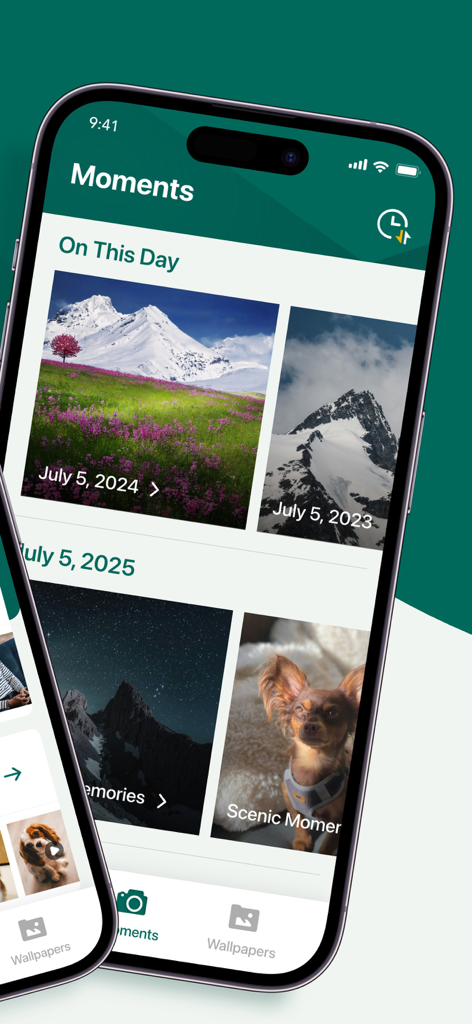 Phone Manager: Senior Care - Phone Manager Senior Care app displaying the Moments screen with large text photo memories of landscapes and a pet dog