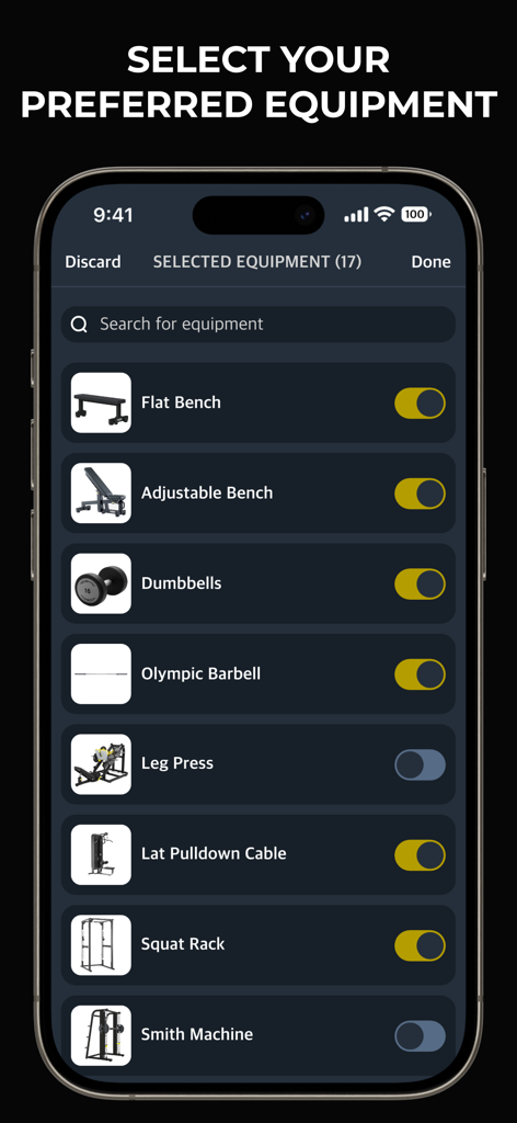 Gymverse app interface for selecting available gym equipment like benches and dumbbells