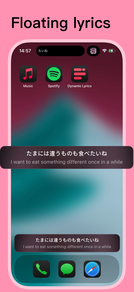 Dynamic-Lyrics - Dynamic-Lyrics-App zeigt ein schwebendes Fenster mit übersetzten Songtexten auf einem iPhone-Startbildschirm