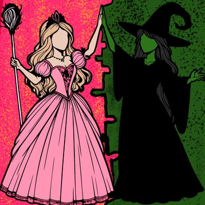 detailed realistic split of a princess and a witch