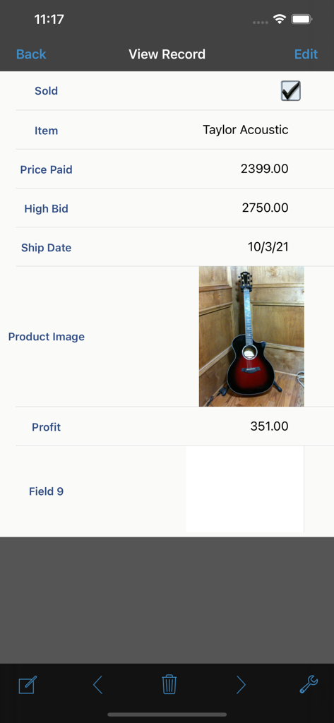 HanDBase app record view screen showing inventory data for a guitar with price and image fields