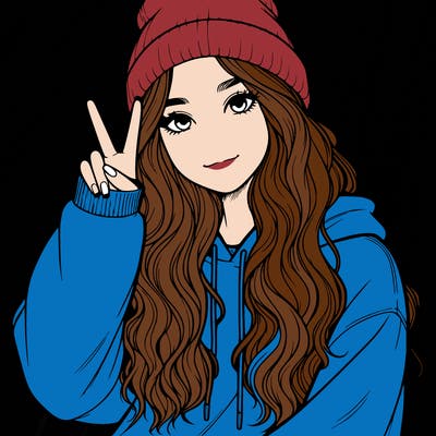 a teenage girl in a beanie, oversized sweatshirt, wavy long hair, and is showing a ✌️