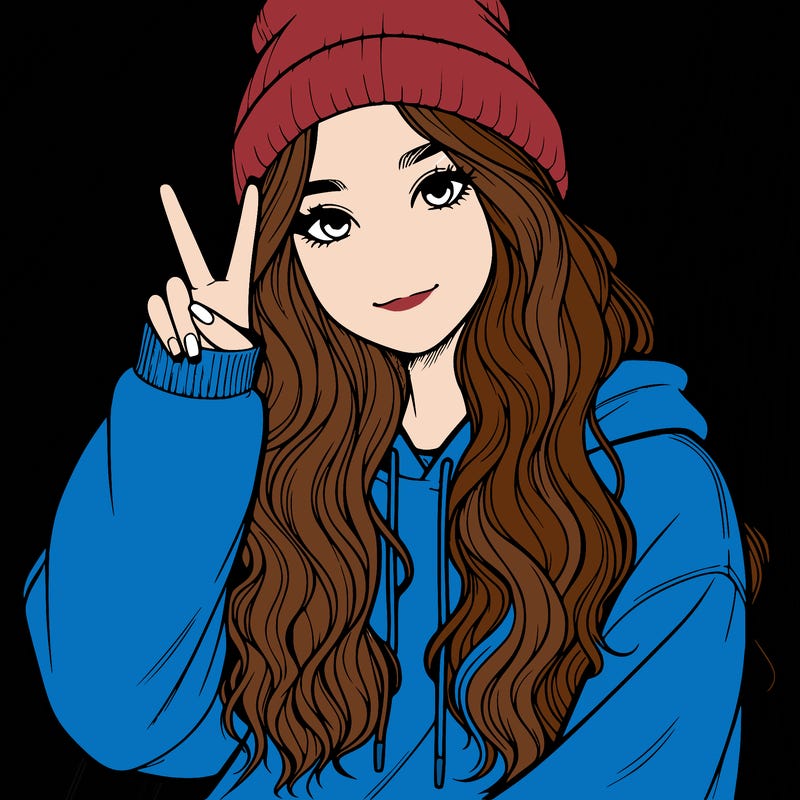 a teenage girl in a beanie, oversized sweatshirt, wavy long hair, and is showing a ✌️