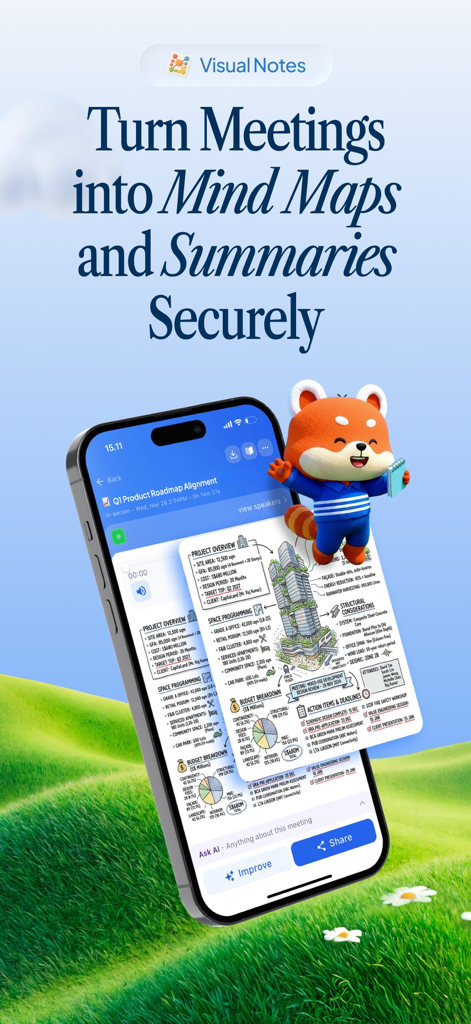 Meeting AI app interface showing visual meeting summaries and mind maps on a smartphone screen.