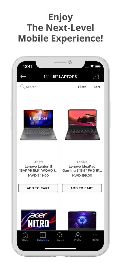 Blink Online Shopping - Interfaz de la aplicación móvil Blink Compras Online mostrando una lista de portátiles gaming.