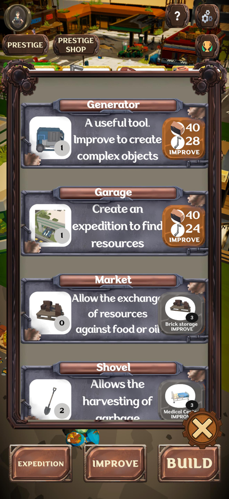Apocalypse City Builder - Menú de construcción en el juego que muestra generador, garaje, mercado y mejoras de pala en un entorno postapocalíptico