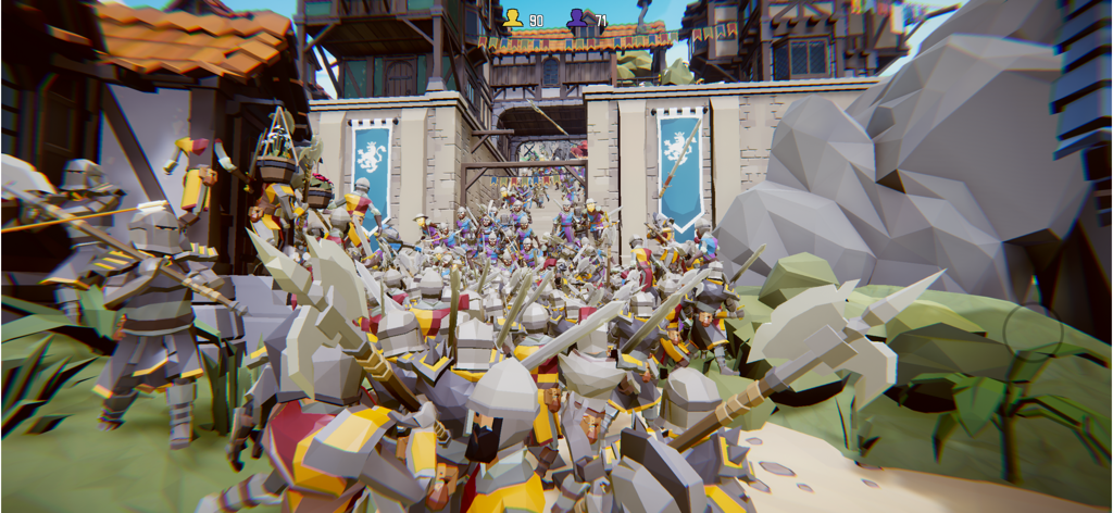 Low poly medieval knights fighting in front of a castle gate