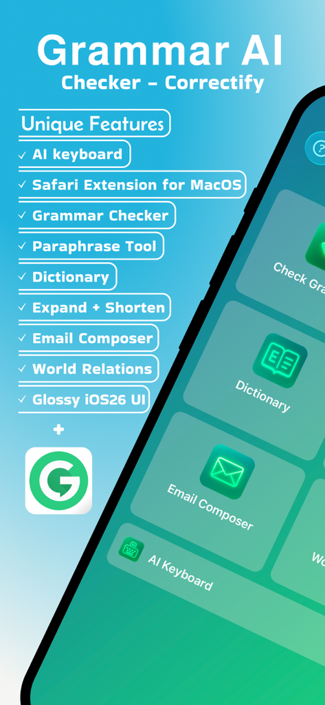 Grammar AI Checker-Correctify - Interfaz que muestra características únicas como el teclado IA y el corrector de gramática para la aplicación Correctify