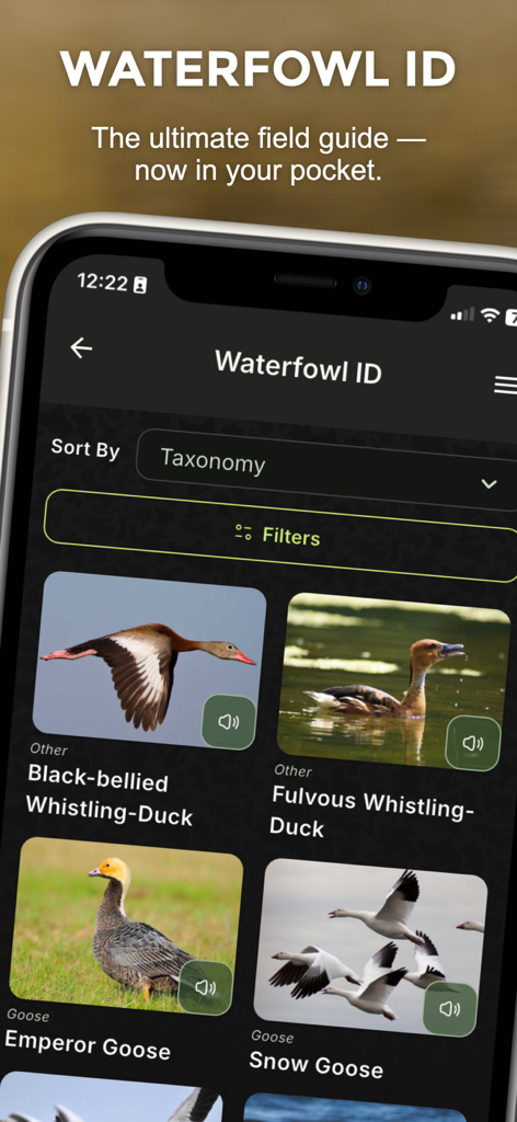 Ducks Unlimited app showing the Waterfowl ID field guide with species photos and bird calls for ducks and geese