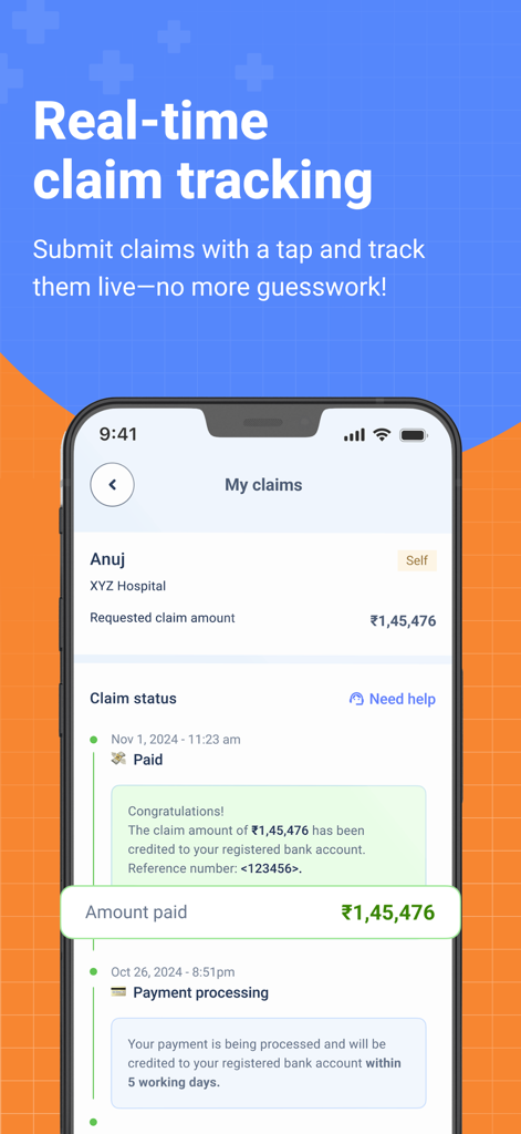 Docprime - Mobile app screen showing real time health insurance claim tracking and payment status