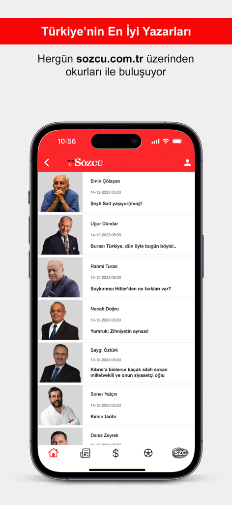 Sözcü Gazetesi - Haberler - Mobile screen of Sozcu app showing a list of prominent Turkish columnists and their latest articles.