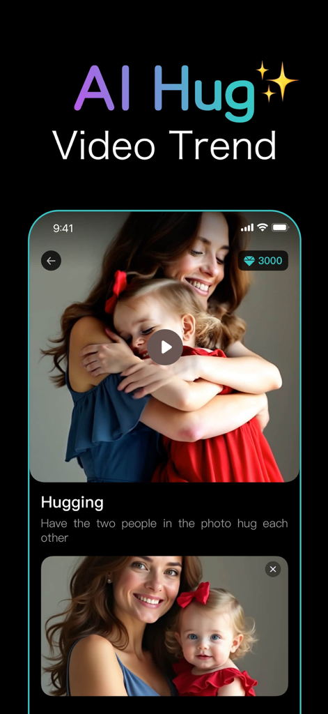 Veai 3 - AI Vdeo Generator - Uno screenshot dell'interfaccia dell'app Veai 3 che dimostra la funzionalità del trend video dell'abbraccio AI con una donna e un bambino