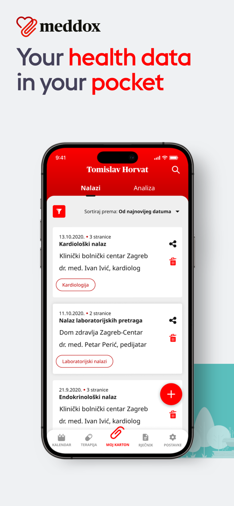 Meddox - Meddox mobile app interface displaying a list of digital medical findings and reports on an iPhone screen.