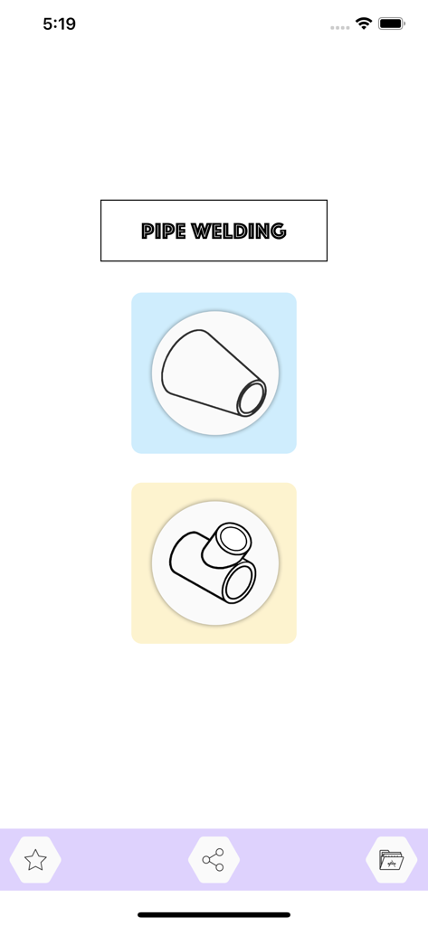 Pipe Welding Calculator - Pipe Welding Calculator app home screen showing options for pipe transition and branch pipe layout