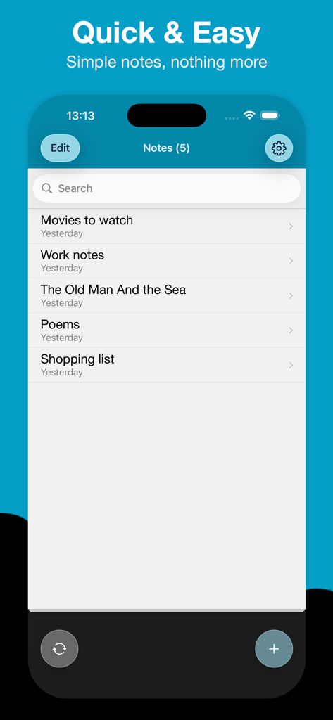 Simple Notes: Ultimate Edition - Pantalla principal de la aplicación Simple Notes que muestra una lista de entradas de notas y una barra de búsqueda