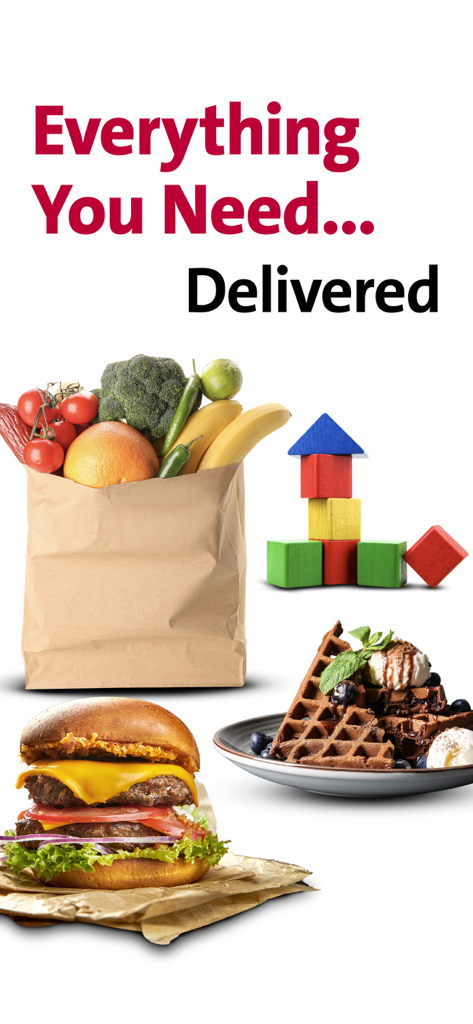 HAAT - HAATアプリのデリバリーサービスを例える、食料品の紙袋、ダブルチーズバーガー、チョコレートワッフル、おもちゃのブロック。