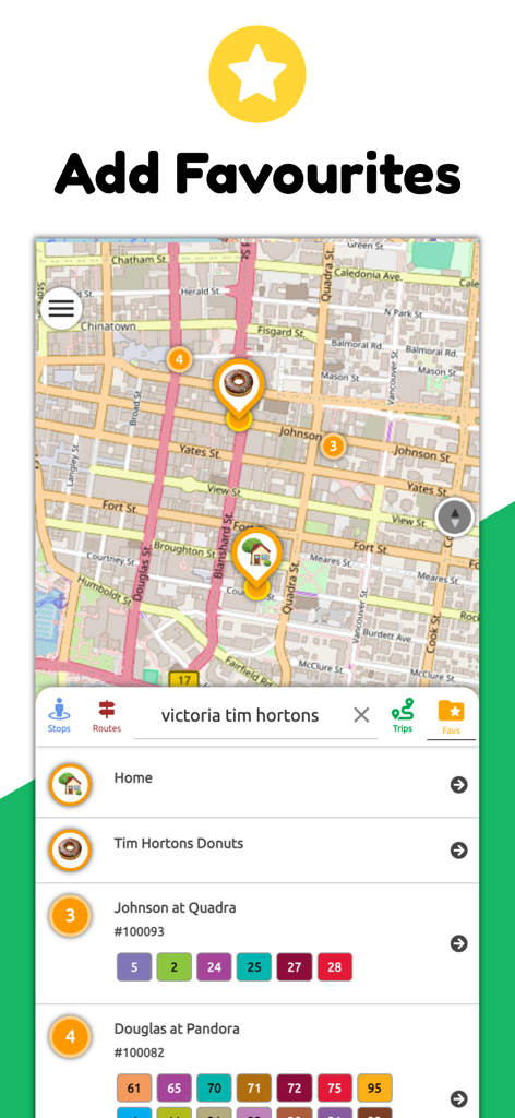 Victoria Transit BC - Victoria Transit BC app screen showing a map with favorite locations and a list of saved bus stops