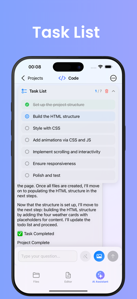Kilo Code - Interface do aplicativo Kilo Code exibindo uma lista de tarefas gerada por IA para construir um projeto web em um dispositivo móvel.
