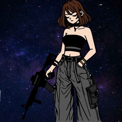 a dangerous girlcrop top and baggy jeans with a rifle in her hand