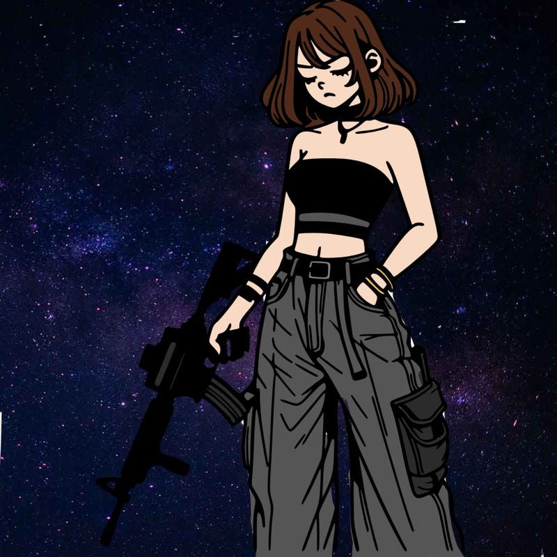 a dangerous girlcrop top and baggy jeans with a rifle in her hand