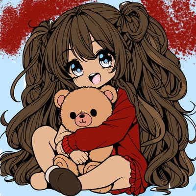 manga girl, long curly hair, happy, cuddling a teddy bear