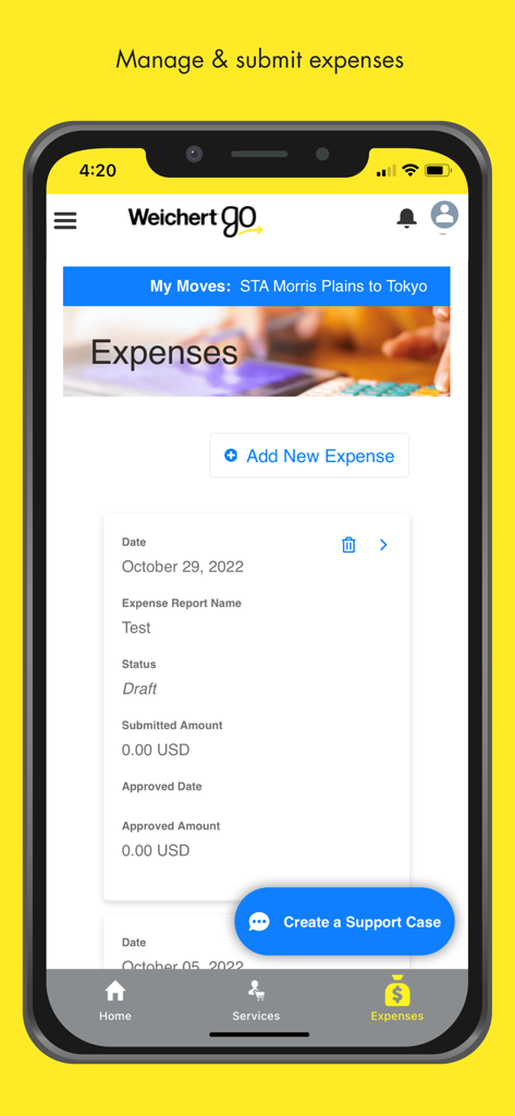Weichert Go - Employee - Dashboard di monitoraggio delle spese nell'app di ricollocazione Weichert Go che mostra una bozza del report spese